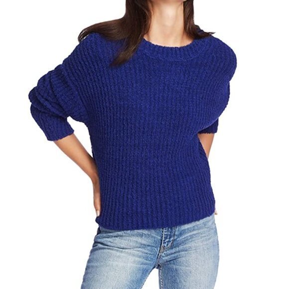 1.State Crewneck Blue Terry Ribbed Oversized Sweater - Picture 1 of 7
